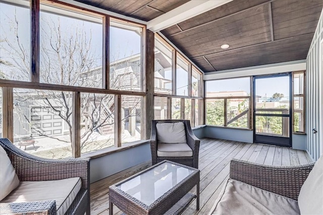 sunroom / solarium featuring vaulted ceiling with beams and wood ceiling