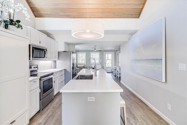 kitchen featuring pendant lighting, an island with sink, appliances with stainless steel finishes, white cabinetry, and wood ceiling