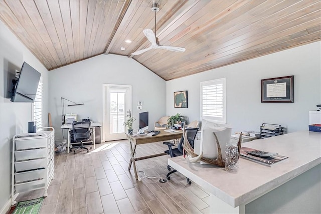 office area with a wealth of natural light, ceiling fan, wooden ceiling, and vaulted ceiling