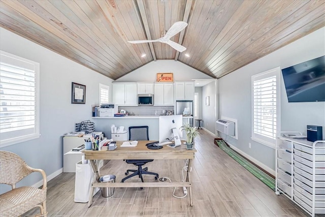 office featuring a healthy amount of sunlight, vaulted ceiling, and wooden ceiling