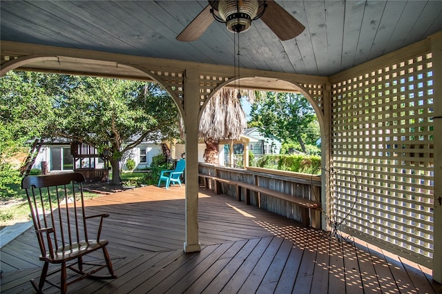 wooden terrace with ceiling fan