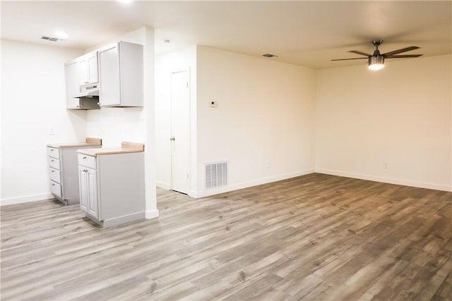 109 Dewey Ave, Alice, TX 78332 - kitchen featuring under cabinet range hood, light wood-style floors, a ceiling fan, baseboards, and open floor plan