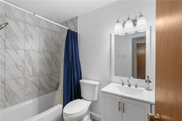 full bathroom featuring toilet, shower / bathtub combination with curtain, and vanity