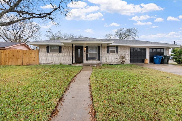 ranch-style house with a front yard and a garage