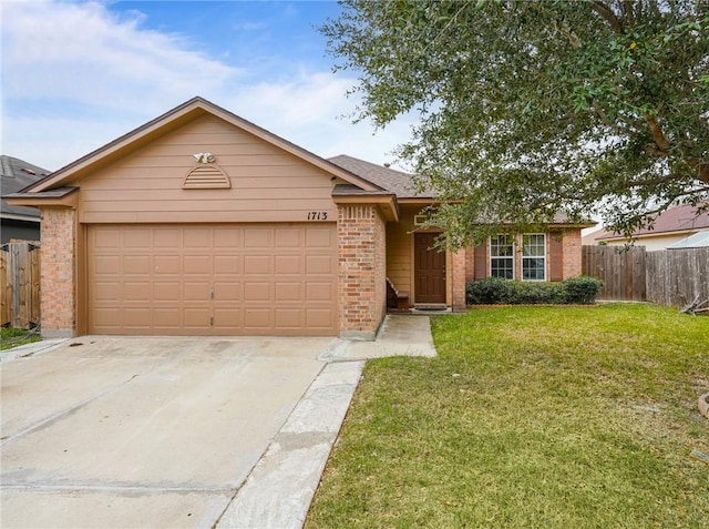 ranch-style home with an attached garage, brick siding, a front yard, and fence