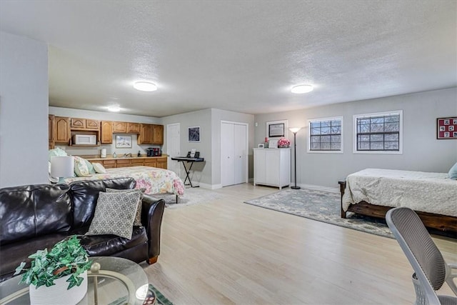 living room featuring sink, light hardwood / wood-style flooring, and a textured ceiling