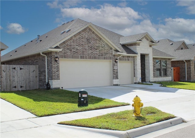 single story home featuring a front lawn and a garage