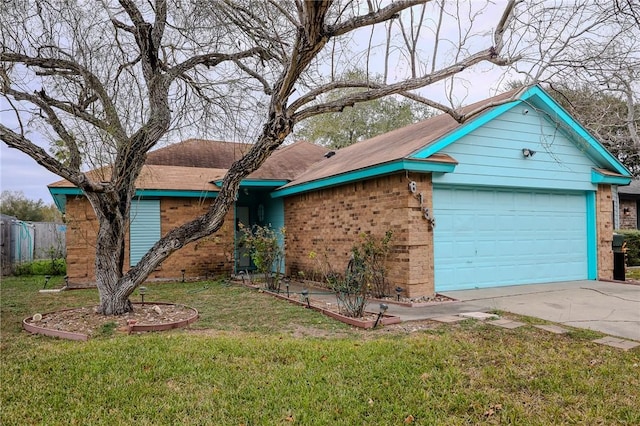 single story home featuring a garage and a front yard