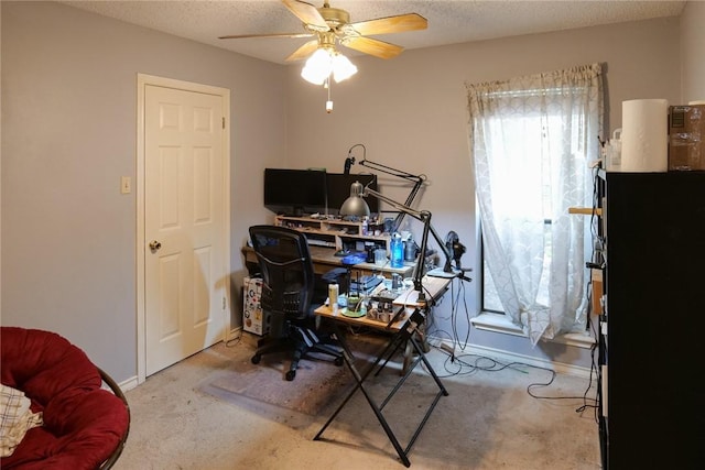 14929 Red River Dr, Corpus Christi, TX 78410 - office featuring carpet flooring, ceiling fan, baseboards, and a textured ceiling