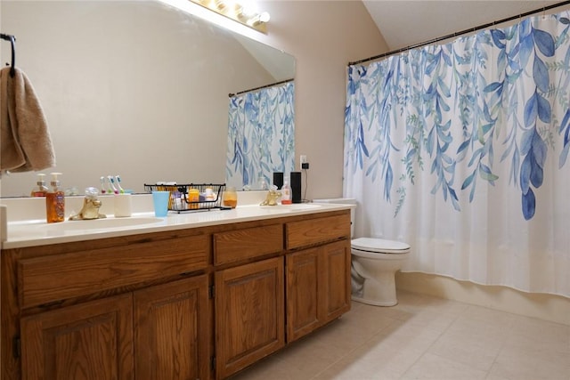 14929 Red River Dr, Corpus Christi, TX 78410 - full bathroom with double vanity, toilet, tile patterned floors, and shower / bathtub combination with curtain