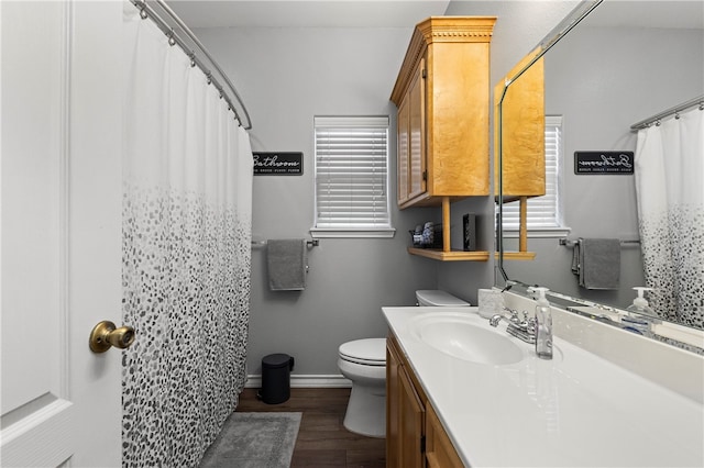 bathroom featuring wood-type flooring, vanity, and toilet