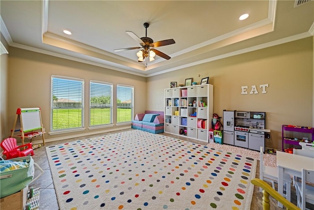 5614 Kitty Hawk Dr, Corpus Christi, TX 78414 - recreation room with a tray ceiling, ornamental molding, ceiling fan, and recessed lighting