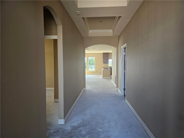 corridor with a tray ceiling