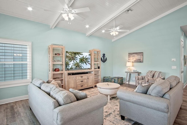 living room with lofted ceiling with beams, dark wood-type flooring, and ceiling fan