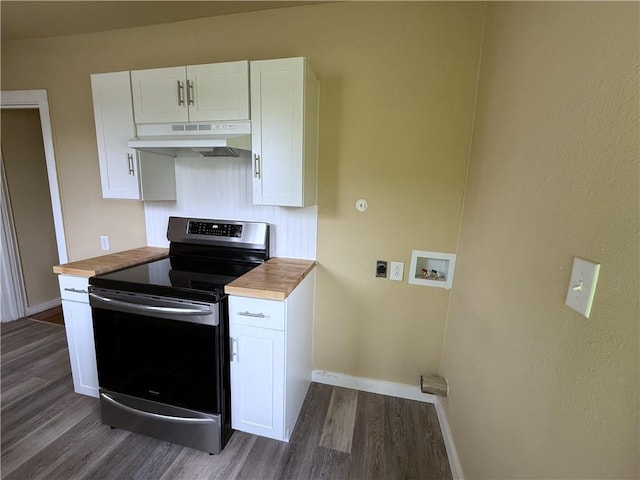 kitchen with white cabinets, dark hardwood / wood-style floors, and electric stove