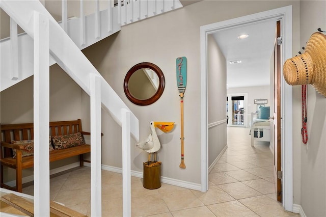 213 Port, Saint Claire, City By The Sea, TX 78336 - hall with light tile patterned flooring, baseboards, recessed lighting, and stairs