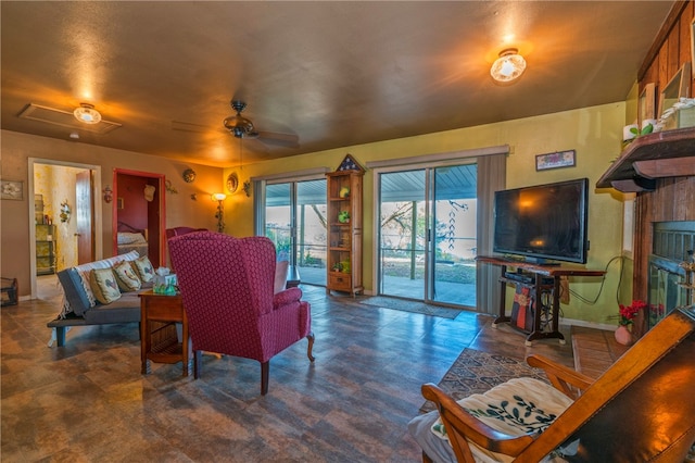 living room featuring ceiling fan