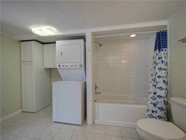 bathroom with shower / bathtub combination with curtain, stacked washing maching and dryer, tile patterned floors, toilet, and ornamental molding