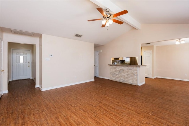 unfurnished living room with lofted ceiling with beams, wood finished floors, visible vents, and ceiling fan