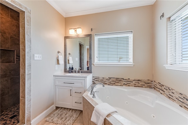 bathroom featuring vanity, shower with separate bathtub, and crown molding