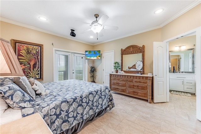 bedroom featuring access to exterior, ceiling fan, and crown molding