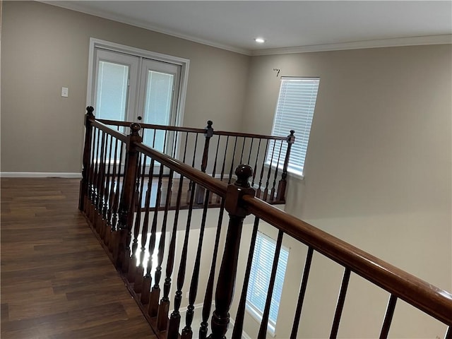7029 Tamarron Ct, Corpus Christi, TX 78413 - stairway featuring wood finished floors, crown molding, baseboards, and recessed lighting