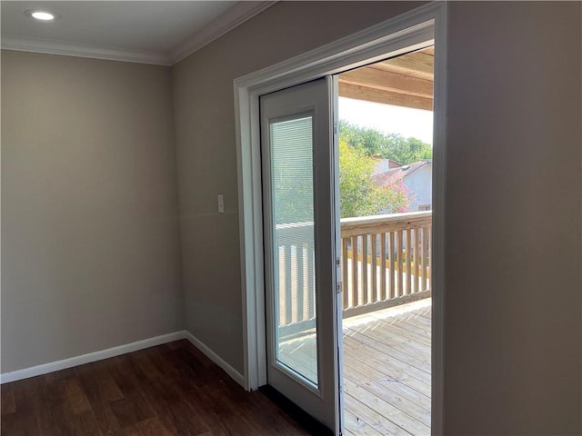 7029 Tamarron Ct, Corpus Christi, TX 78413 - doorway to outside featuring crown molding, plenty of natural light, dark wood-style flooring, baseboards, and recessed lighting