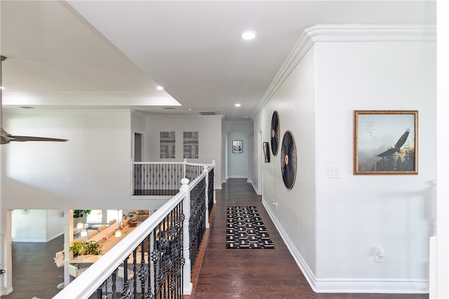 hallway with dark hardwood / wood-style flooring and crown molding