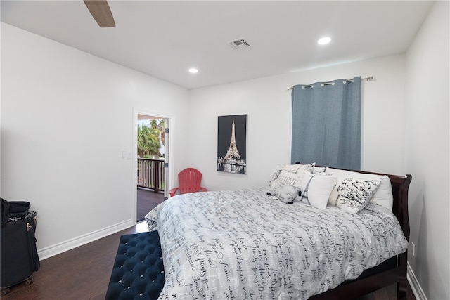 bedroom featuring access to exterior, dark wood-type flooring, and ceiling fan