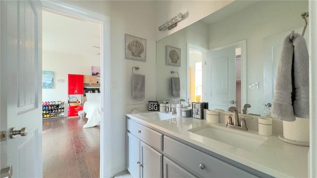 bathroom with hardwood / wood-style floors and vanity