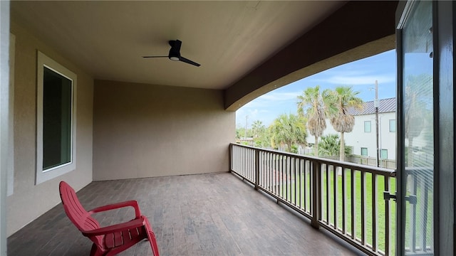 balcony featuring ceiling fan