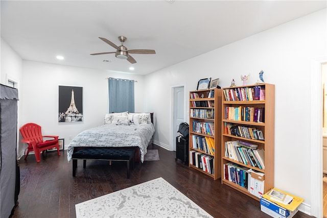 bedroom featuring dark wood-type flooring and ceiling fan