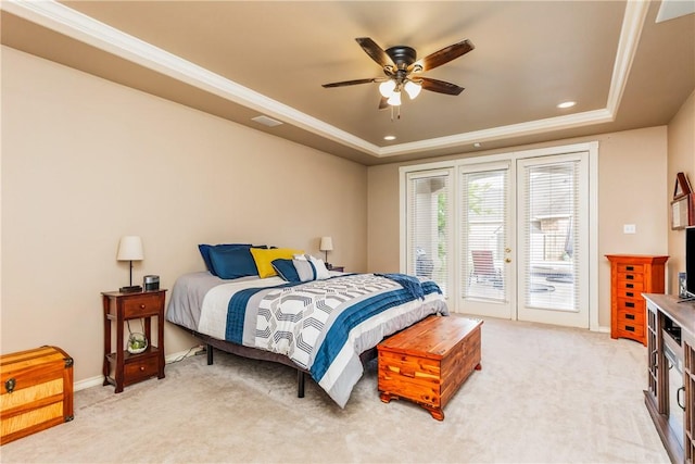 7601 Dijon Lake Dr, Corpus Christi, TX 78413 - bedroom with a raised ceiling, access to outside, french doors, light carpet, and crown molding