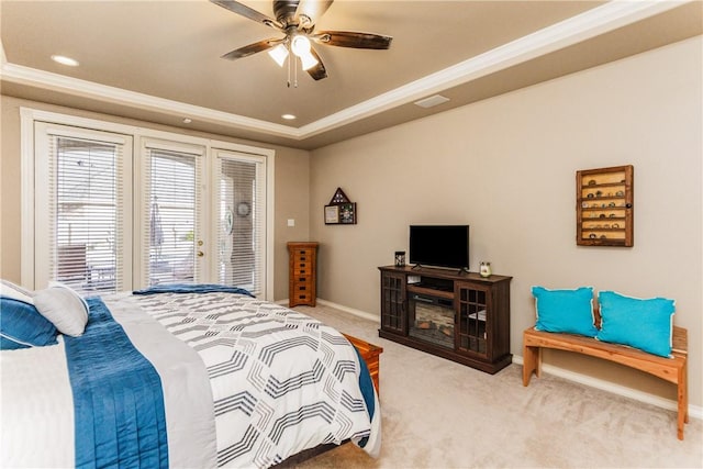 7601 Dijon Lake Dr, Corpus Christi, TX 78413 - bedroom featuring access to exterior, light carpet, ornamental molding, a raised ceiling, and a ceiling fan