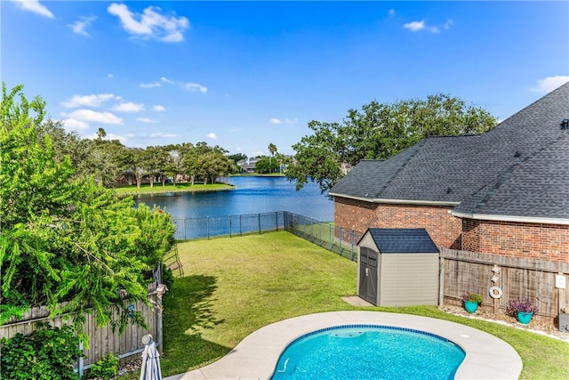 7601 Dijon Lake Dr, Corpus Christi, TX 78413 - view of pool featuring a storage shed, a water view, and a fenced backyard
