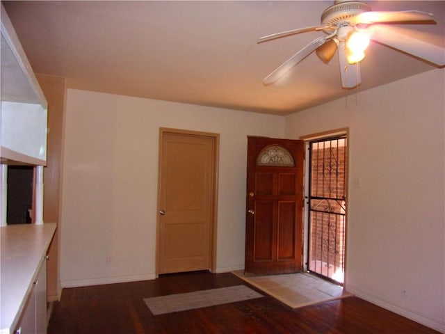 foyer entrance featuring ceiling fan and dark wood-type flooring