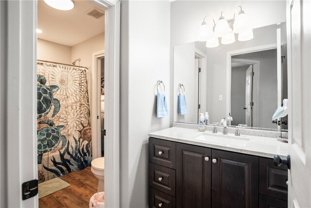 bathroom featuring toilet, vanity, and hardwood / wood-style floors