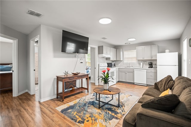 living room with sink and light hardwood / wood-style flooring