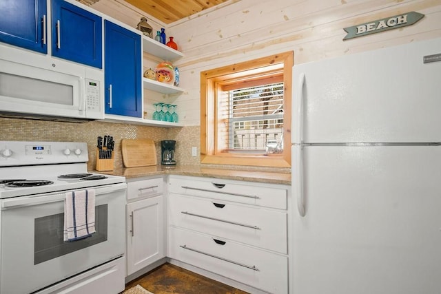 kitchen featuring backsplash, white cabinets, white appliances, blue cabinets, and open shelves