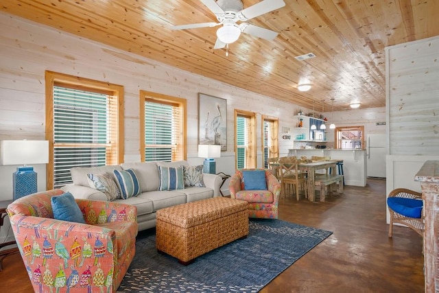 living area featuring visible vents, wood walls, wooden ceiling, and concrete floors