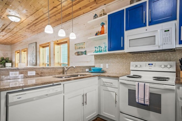 kitchen with a sink, blue cabinetry, wood ceiling, white appliances, and open shelves