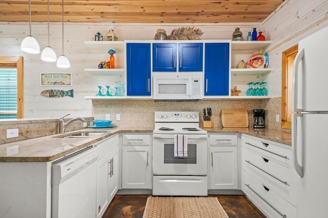 kitchen with decorative backsplash, white appliances, open shelves, and a sink