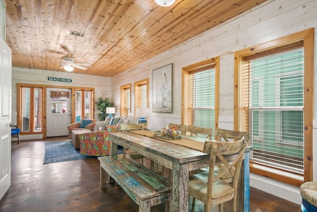 dining area featuring visible vents, wood ceiling, and a ceiling fan