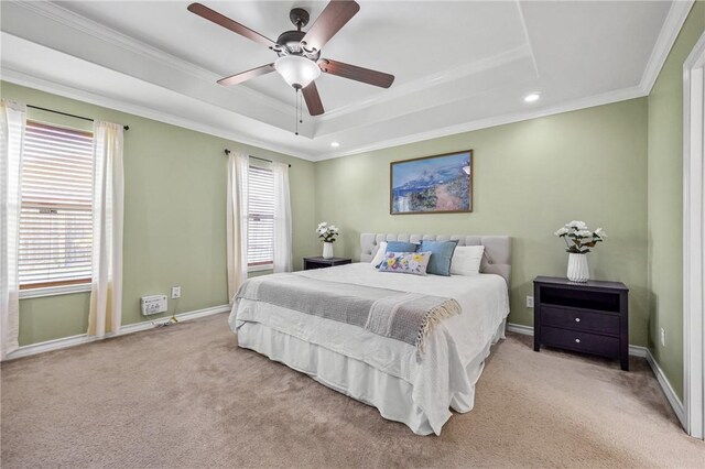 3137 Masterson Dr, Corpus Christi, TX 78415 - carpeted bedroom featuring a tray ceiling, crown molding, recessed lighting, and a ceiling fan