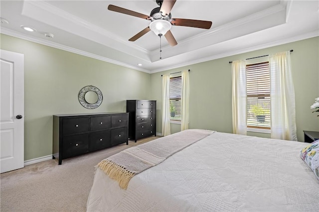 3137 Masterson Dr, Corpus Christi, TX 78415 - bedroom featuring a raised ceiling, ornamental molding, carpet floors, recessed lighting, and ceiling fan