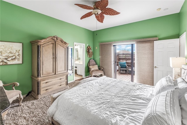 bedroom featuring ensuite bathroom, ceiling fan, and carpet