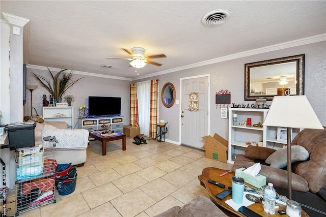 tiled living room featuring ornamental molding, ceiling fan, and a textured ceiling