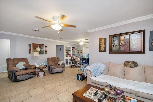 living room featuring ornamental molding, ceiling fan, and light tile patterned flooring