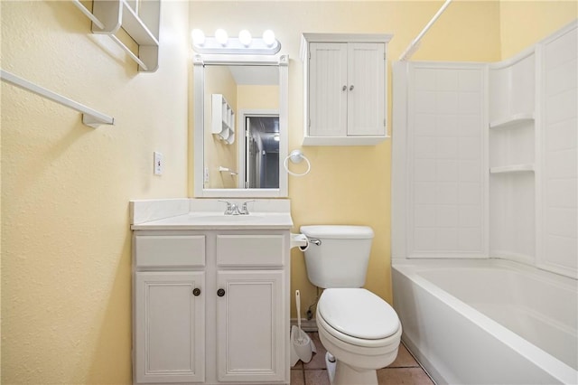 full bath featuring toilet, tile patterned floors, bathtub / shower combination, and vanity