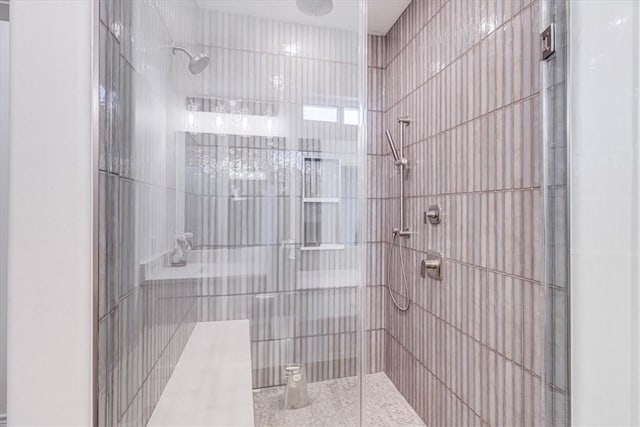 bathroom featuring a shower with shower door